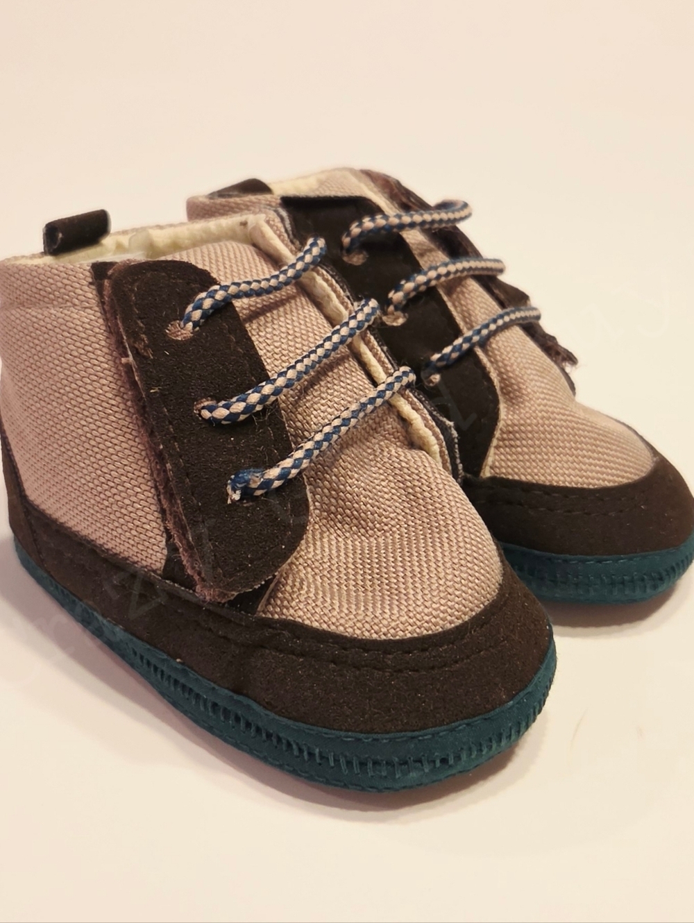 Vintage 1996 Infant Khaki Tan Canvas, Brown Suede Easy Fit Hiking Boots, 2 3-6mo